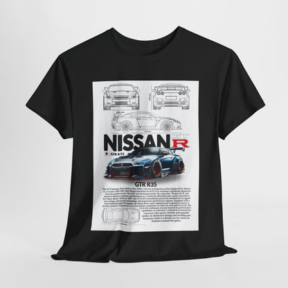 Nissan GTR R35 T-Shirt elegantly displaying a dynamic racing pose with detailed technical illustrations, perfect for those who appreciate automotive artistry.