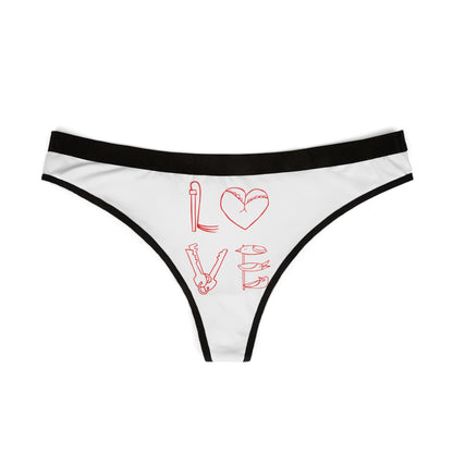 Stylish women's thong with a contemporary design, displaying whimsical 'LOVE' graphics. Ideal for celebrating love with a bold and fun statement in lingerie.