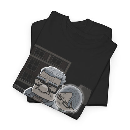 UP Ghost scene Unisex Men Women Graphic Funny T Shirt Tee Urban folded design displaying a playful portrayal of an elderly couple, a tribute to creativity and love.