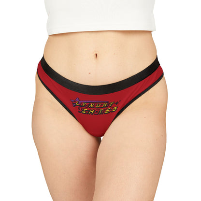 Seductive red thong with 'Plays Naughty with Others' graphic, showcasing a stylish black waistband, perfect for bold lingerie lovers.