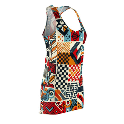 Model wearing the Elara Stirling Racerback Dress in a vibrant red checkerboard pattern, capturing the essence of modern elegance from Dazzling Dreams Studio.