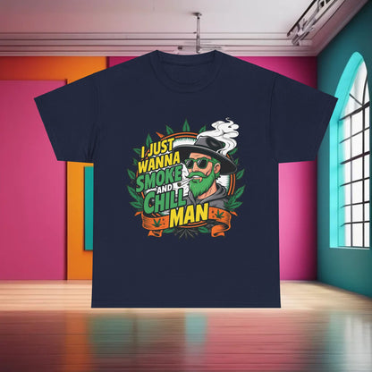 Refined 420 Cannabis Marijuana Graphic T-Shirt featuring an artistic depiction with the phrase 'I Just Wanna Smoke and Chill, Man' against a navy background, ideal for fashionable casual outings.