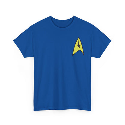 Chic Star Trek Starfleet uniform unisex graphic T-shirt in sophisticated blue, showcasing the renowned Starfleet insignia on the upper chest.