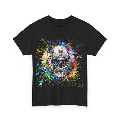 Color Splash Skull Tee featuring a vibrant skull graphic and artistic splashes of colour, a striking unisex cotton shirt that embodies creativity and edge.