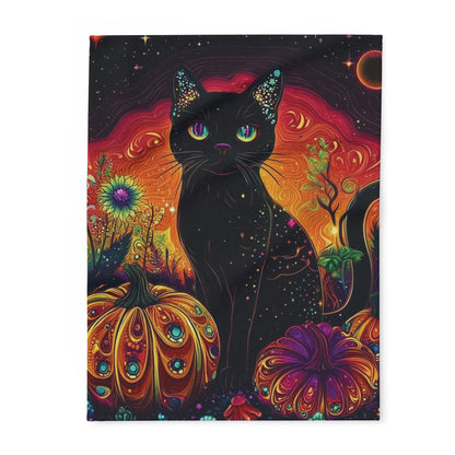 Decorative and Warm Halloween Spooky Arctic Fleece Blanket featuring a vibrant black cat surrounded by colourful pumpkins and floral designs, perfect for adding an elegant touch to your Halloween decor.