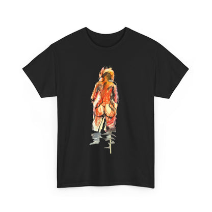 Elegant black cotton graphic t-shirt featuring a stylized artistic silhouette of a person from the back, rendered in vibrant warm colours of orange and red, perfect for a luxurious casual ensemble.
