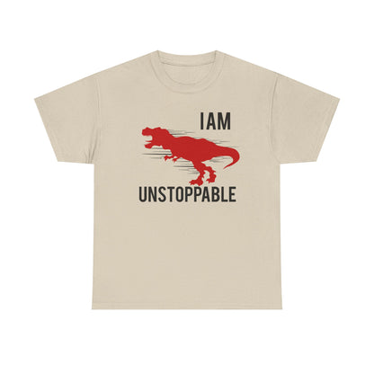 Chic beige men's T-shirt showcasing a bold red T-Rex illustration with the words 'I AM UNSTOPPABLE', an exquisite choice for modern style enthusiasts.