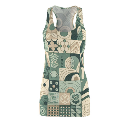 Elegant pastel green block print design of the Aurelia Starling Racerback Dress by Dazzling Dreams Studio, showcasing feminine style and contemporary fashion.