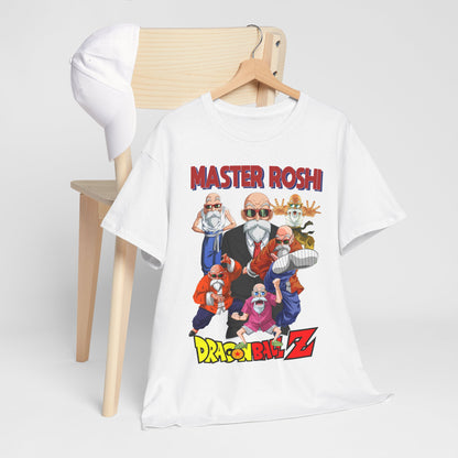 Chic white T-shirt featuring Master Roshi from Dragon Ball Z, artistically styled with vibrant graphics, draped over a wooden chair alongside a minimalist cap, perfect for sophisticated anime fashion.