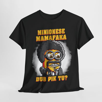 Funny Minion Pulp Fiction graphic t-shirt featuring a Minion in a suit with the text 'MINIONESE MAMAFAKA DUB PIK TU?'. Perfect for fans of quirky styles and pop culture. Ideal for casual wear. T Shirt, Funny, Minions.