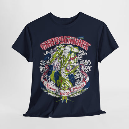Elegant graphic t-shirt in deep navy, adorned with a dynamic wolf headdress design, celebrating Native American heritage with artistic flair.