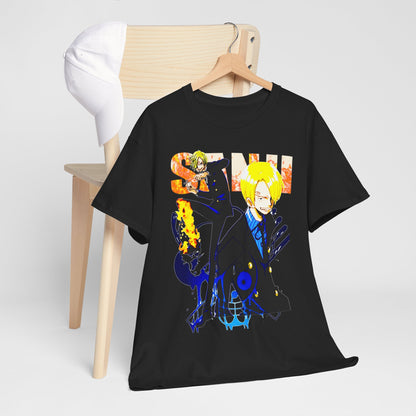 Fashionable black anime t-shirt displayed casually on a wooden chair, embodying contemporary streetwear aesthetics for dedicated fans.