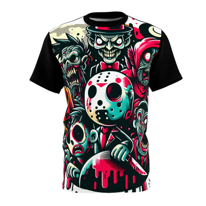 Luxurious Horror-Comic Tee featuring Spooky Scribblesworth with vibrant cartoon characters on a stark white background, designed by Dazzling Dreams Studio.