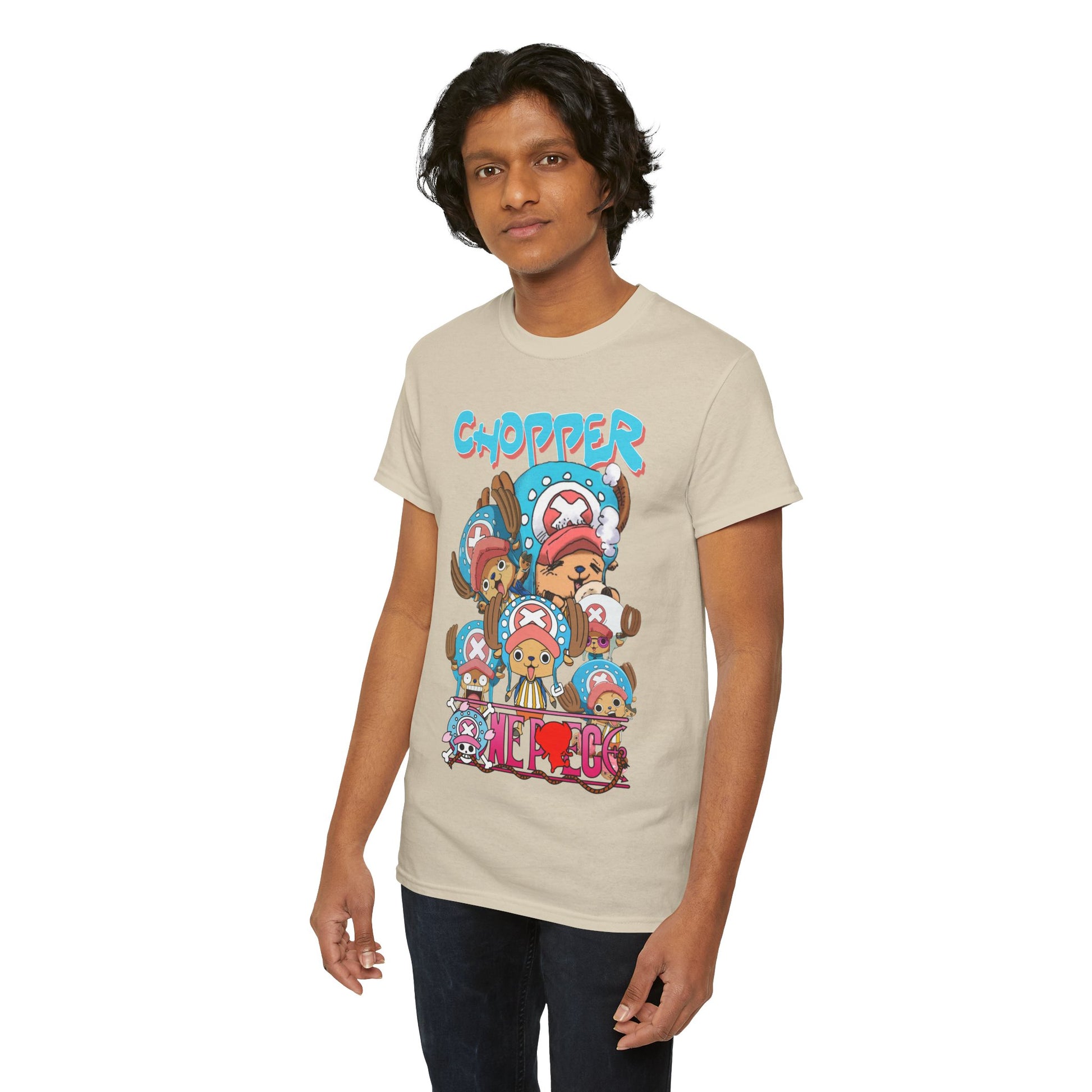 Handsomeness meets casual elegance in this male model wearing a Chopper-themed t-shirt, perfect for showcasing anime passion.