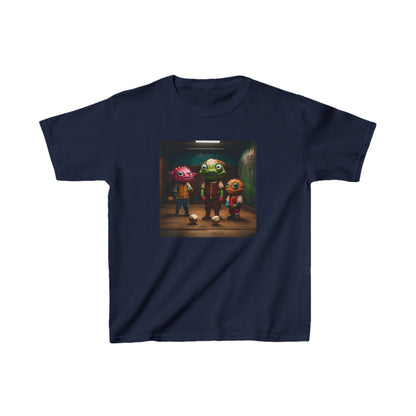 Kids Cute Aliens Heavy Cotton T-Shirt in navy featuring whimsical alien designs, perfect for young explorers seeking comfort and style.