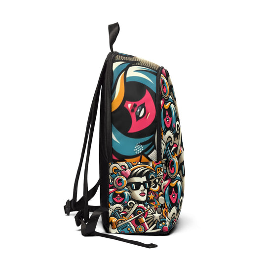 Stylish close-up of the Fusion Transcendence Backpack by Dazzling Dreams Studio, featuring intricate cartoon-inspired abstract designs that elevate any fashion ensemble.