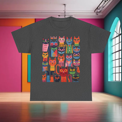 Purrfection Graphic T-Shirt Urban Unisex Cotton Tee displaying a whimsical arrangement of colourful feline characters, combining art with comfort.