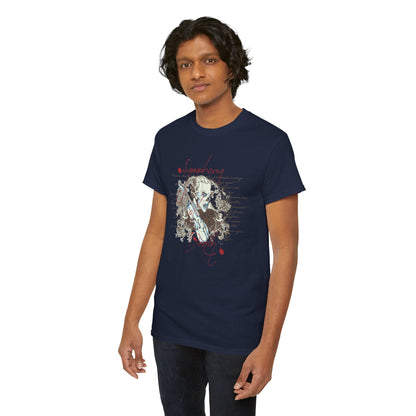 Elegant model wearing navy blue vintage Baroque skull t-shirt featuring intricate floral and musical elements, exuding a sophisticated gothic aesthetic.