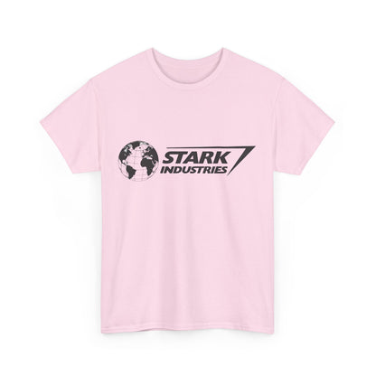 Luxuriate in style with the Iron Man Stark Industries Logo Graphic Unisex Tee, featuring a striking globe design in bold black against a soft pink background.