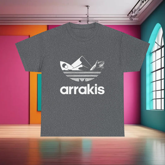 Arrakis Dune Graphic T-Shirt presented in a modern and luxurious environment, featuring a striking visual that appeals to lovers of unique artistic expression.