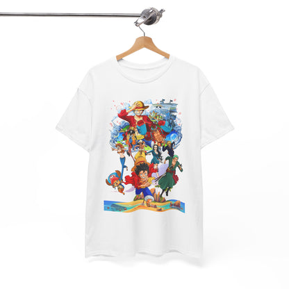 Elegant display of a premium men's t-shirt showcasing prominent anime characters in a colourful design, ideal for fashion-forward fans.