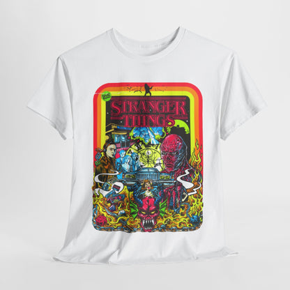 Luxurious 'Stranger Things' graphic t-shirt featuring vibrant, retro-inspired artwork. The design showcases striking characters amidst flames and smoke, capturing the essence of nostalgia and adventure. A perfect blend of horror and fantasy for discerning fans, this unisex tee is crafted from premium cotton for ultimate comfort.