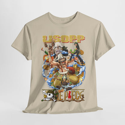 Luxurious beige One Piece Usopp t-shirt with a captivating illustration, ideal for fans who appreciate high-quality anime streetwear.