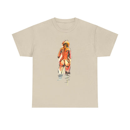 Front view of a luxurious unisex graphic t-shirt featuring a suggestive artistic design in warm tones, showcasing playful allure and creative expression.