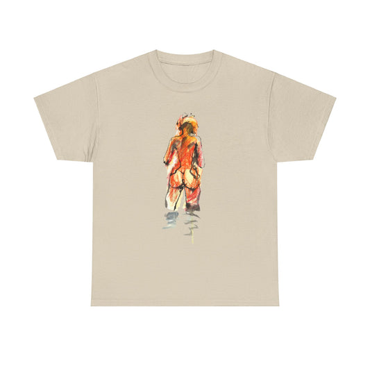 Front view of a luxurious unisex graphic t-shirt featuring a suggestive artistic design in warm tones, showcasing playful allure and creative expression.