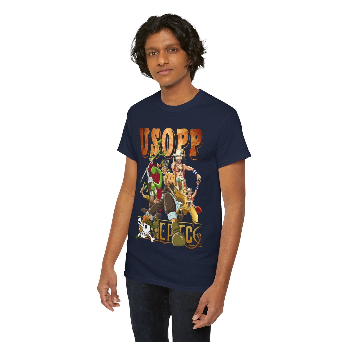 Stylishly dressed young man wearing the navy Usopp t-shirt, adorned with eye-catching anime character artwork, perfect for a trendy, youthful look.