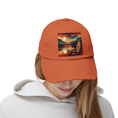 Unisex Distressed Paddleboarders Cap - Stylish Sun Protection for Paddleboard Enthusiasts, worn by a model, highlighting the vibrant paddleboarding design and effortless style.