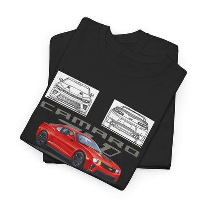 High-quality black t-shirts stacked, presenting the luxurious Chevrolet Camaro ZL1 1LE design, tailored for discerning gentlemen who admire iconic cars.