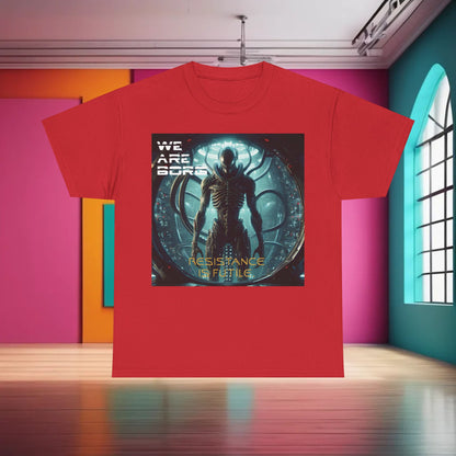 Borg Assimilated Xenomorph Graphic T-Shirt in vibrant red presenting a striking visual with 'WE ARE BORG' and 'RESISTANCE IS FUTILE', embodying an artistic intersection of luxury and science fiction.
