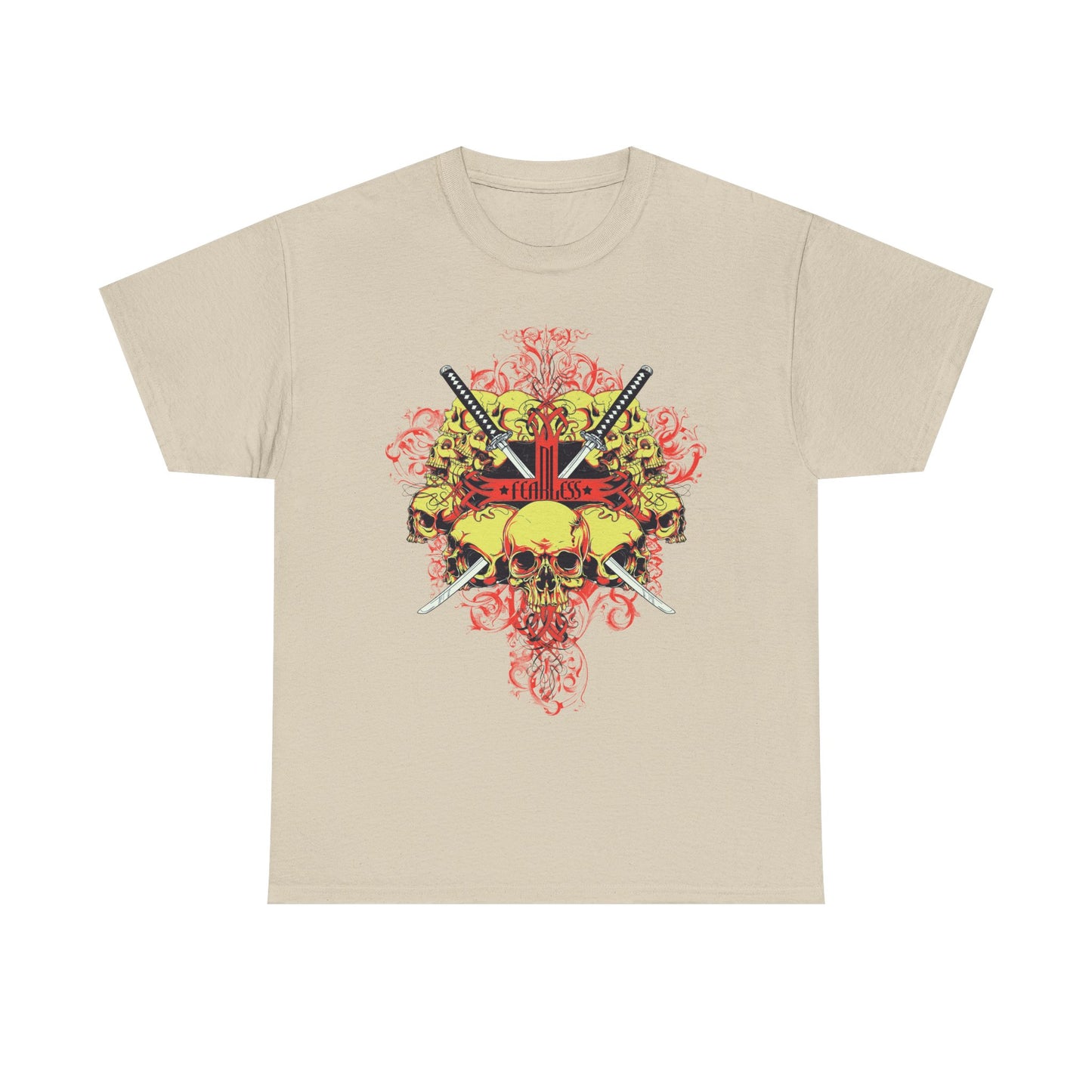 Luxury Fearless Samurai Swords Graphic Tee for Men in beige, featuring an intricate skull design and crossed swords, perfect for those with a daring sense of style.