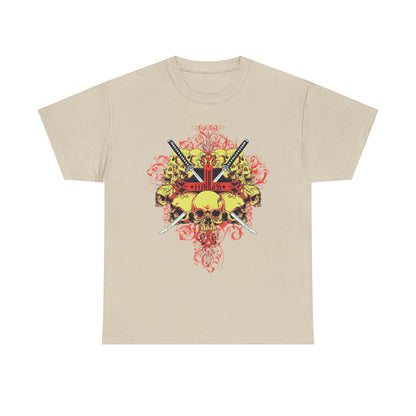 Luxury Fearless Samurai Swords Graphic Tee for Men in beige, featuring an intricate skull design and crossed swords, perfect for those with a daring sense of style.