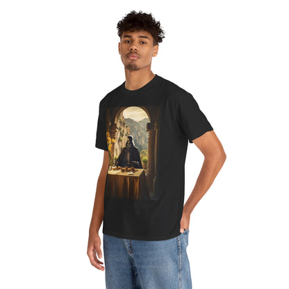 Stylish model wearing a black t-shirt with a tranquil Darth Vader graphic, set against a minimalist background, epitomising relaxed sophistication.