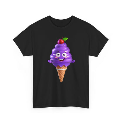 Scoop of Joy: Cartoon Ice Cream Cone Character Tee in black, highlighting a cheerful purple ice cream character with a joyful expression, perfect for elevating casual elegance.