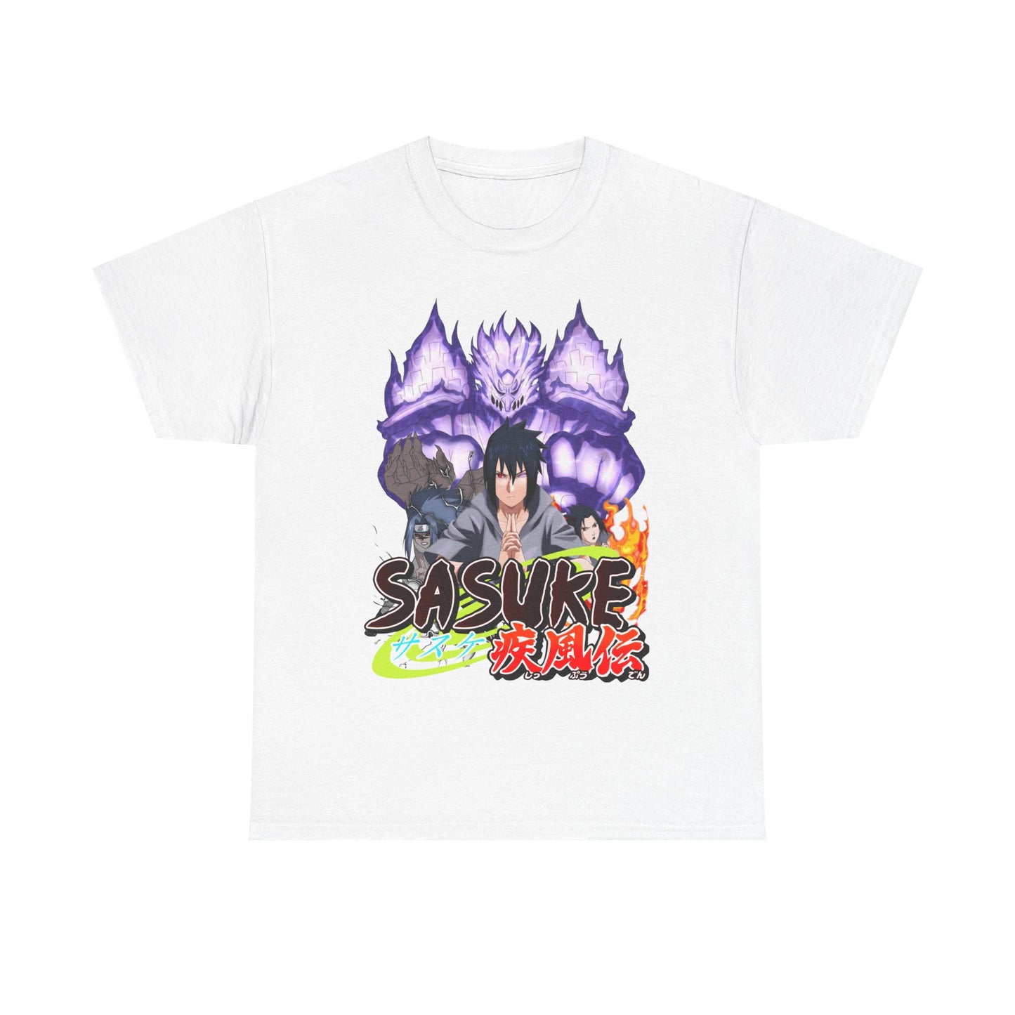Sophisticated Sasuke Graphic Tee displaying a captivating graphic of the character on a pristine white background, enriched with Japanese text.