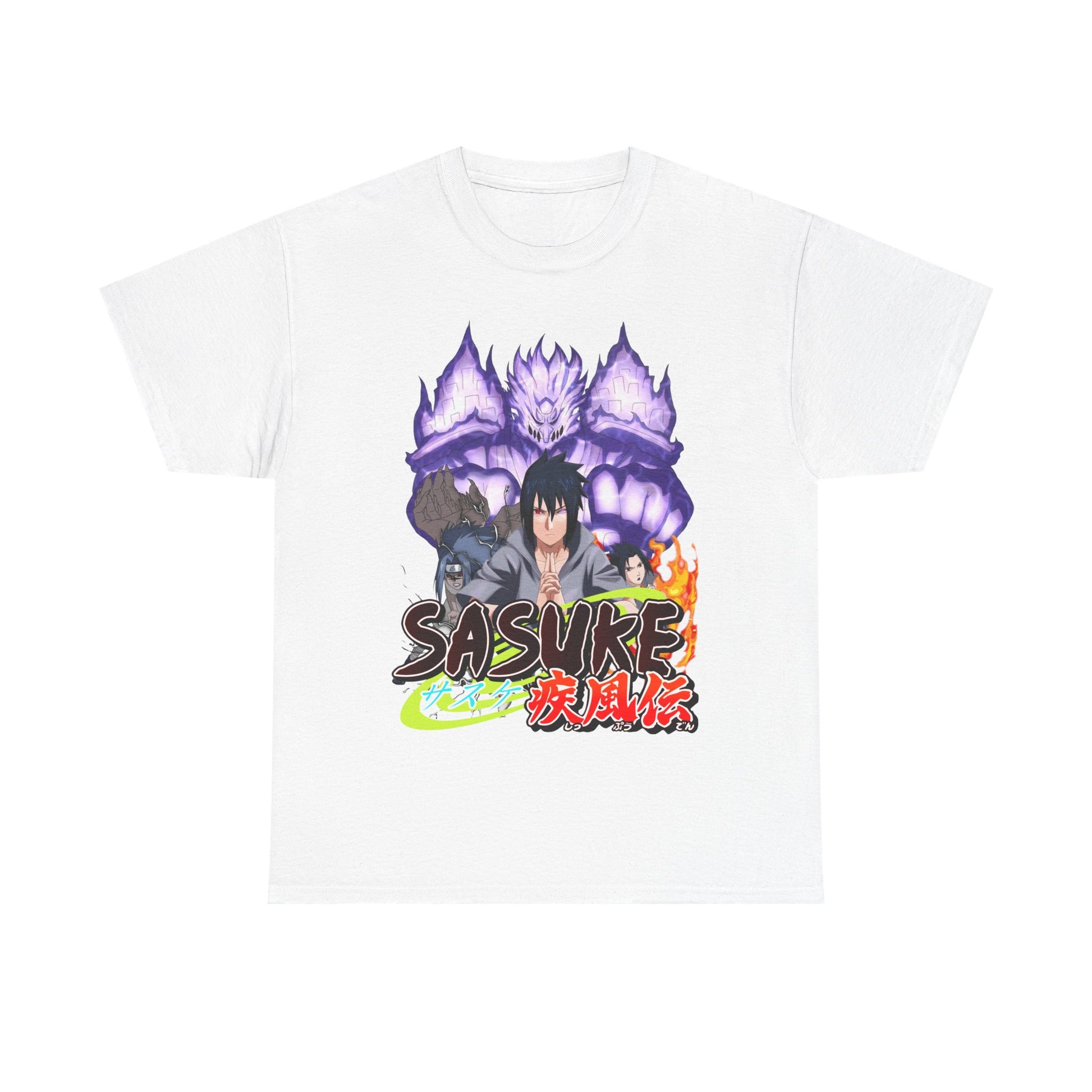 Sophisticated Sasuke Graphic Tee displaying a captivating graphic of the character on a pristine white background, enriched with Japanese text.