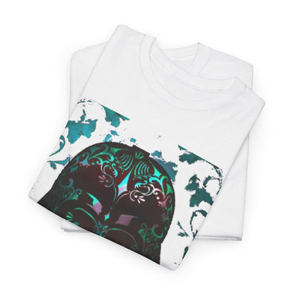 Chic Star Wars Vader art graphic t-shirt displayed in a layered fashion, featuring the dark and whimsical design of Darth Vader's helmet with floral accents, crafted for a sophisticated yet playful look.