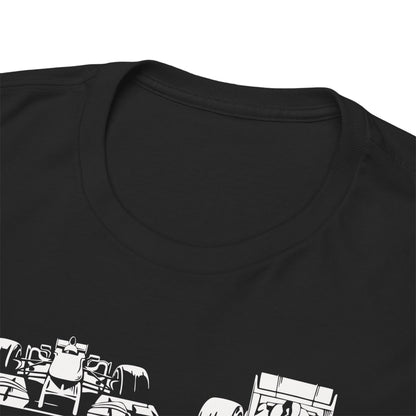 Close-up view of the collar and print design on the high-quality black Mercedes F1 Tee, showcasing intricate detailing and luxurious fabric texture.