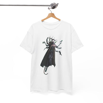 Stylish graphic t-shirt with a captivating fantasy creature print, displayed on a wooden hanger against a minimalist backdrop, perfect for urban wear enthusiasts.