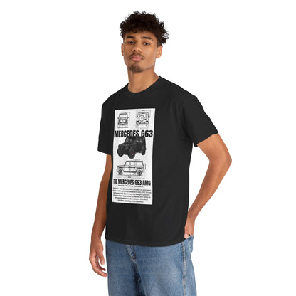Unisex Men's T-Shirt featuring a technical drawing of the Mercedes-AMG G63 design, worn by a model, showcasing sophisticated style and automotive elegance.