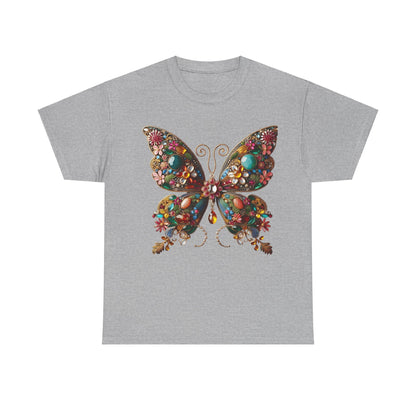 Stylish unisex t-shirt in a light grey shade featuring the exquisite 'Enchanting Butterfly Brooch' design, beautifully decorated with sparkling gemstones and floral motifs.
