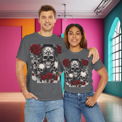 Couple wearing the Skulls and Roses Cotton Tee, illustrating its unisex appeal and striking design in a modern setting.