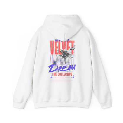 Luxurious white hoodie featuring a striking back print design with bold typography and floral elements, showcasing the 'VELVET DREAM THE COLLECTIVE' graphic, perfect for contemporary streetwear enthusiasts.