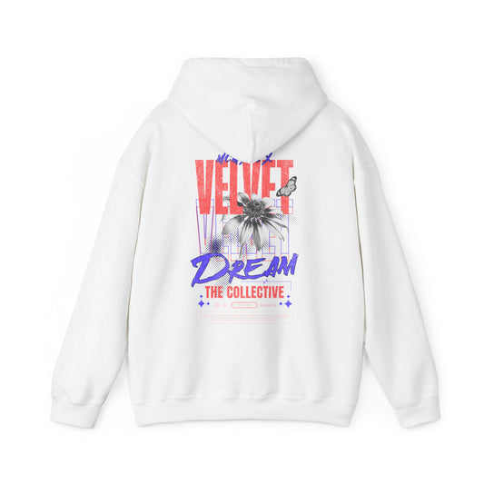 Luxurious white hoodie featuring a striking back print design with bold typography and floral elements, showcasing the 'VELVET DREAM THE COLLECTIVE' graphic, perfect for contemporary streetwear enthusiasts.