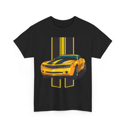 Striking black t-shirt featuring a vibrant neon yellow Camaro design on the front, exuding style and energy for automotive enthusiasts.