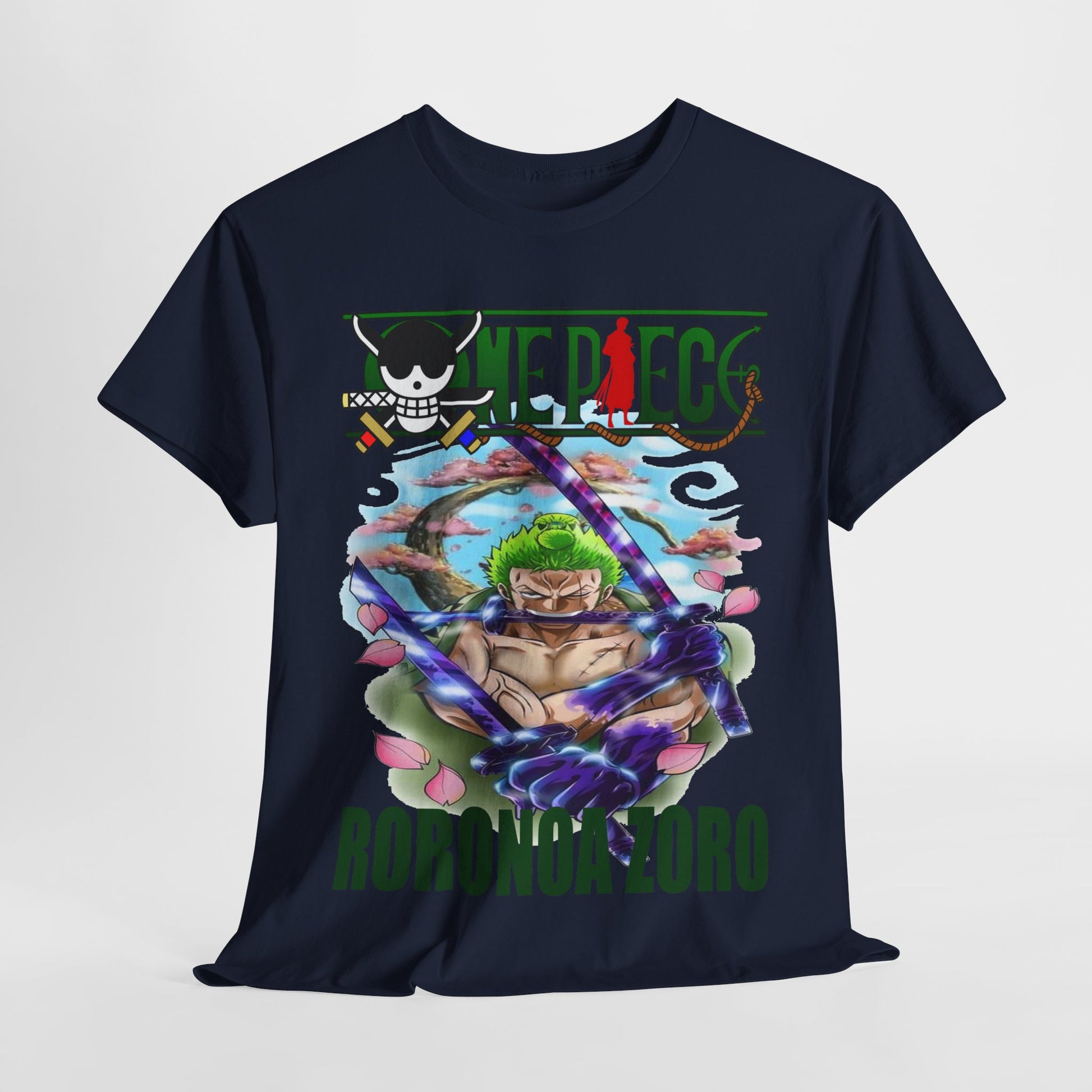 Elegant Roronoa Zoro graphic tee in navy, featuring vibrant artwork of Zoro wielding katanas, ideal for fashion-forward individuals and anime fans.