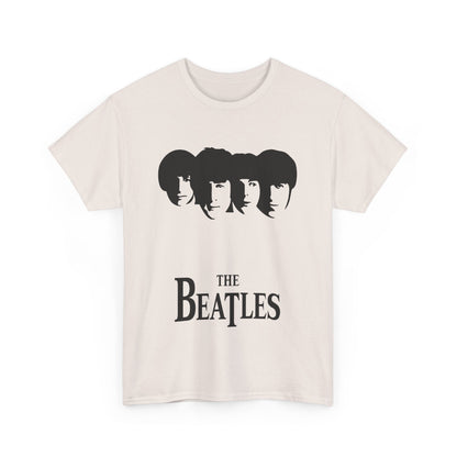 Front view of the Vintage Beatles Logo Graphic Tee, artfully designed with bold black silhouettes of The Beatles on a luxurious light fabric.